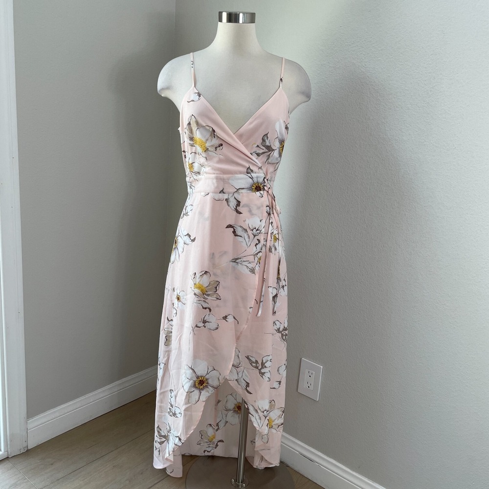NEW J.O.A. Womens Medium Celadine Blush Pink Floral High Low Wrap Dress